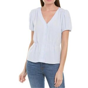 J.Crew Light Blue Puff Sleeve Button Front Blouse V-Neck Size L